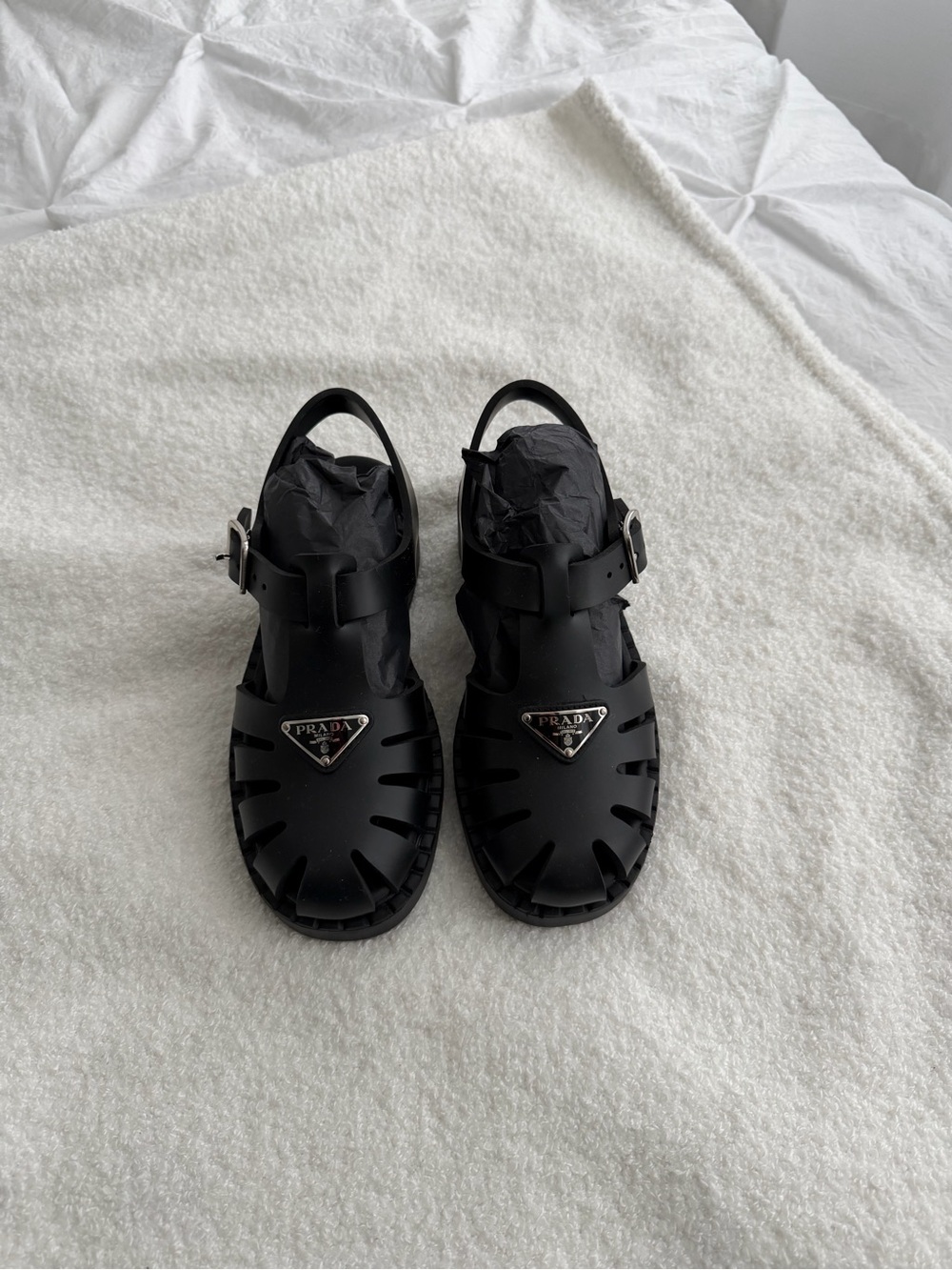 Prada Black Jelly Fisherman Sandals - Logo Plaque